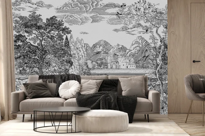 Fototapeta: Styl szkicu krajobraz z rzeką i drzewami w czarno białej tonacji