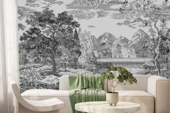 Fototapeta: Styl szkicu krajobraz z rzeką i drzewami w czarno białej tonacji