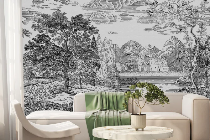 Fototapeta: Styl szkicu krajobraz z rzeką i drzewami w czarno białej tonacji