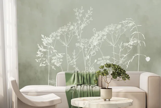 Fototapeta: Subtelne białe trawy na zielonym tle