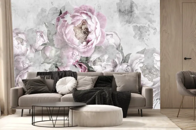 Fototapeta: Subtelne różowe i szare piwonie na tle imitującym beton