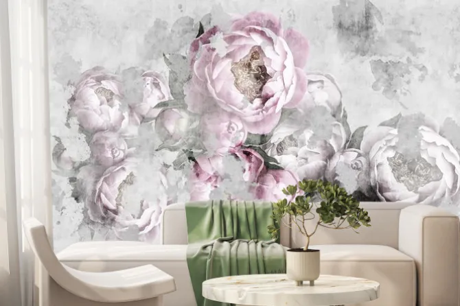 Fototapeta: Subtelne różowe i szare piwonie na tle imitującym beton