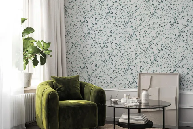 Fototapeta: Subtelne zielone gałązki z liśćmi