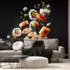 Fototapeta: Sushi maki pieces flying in air, japanese food on black background