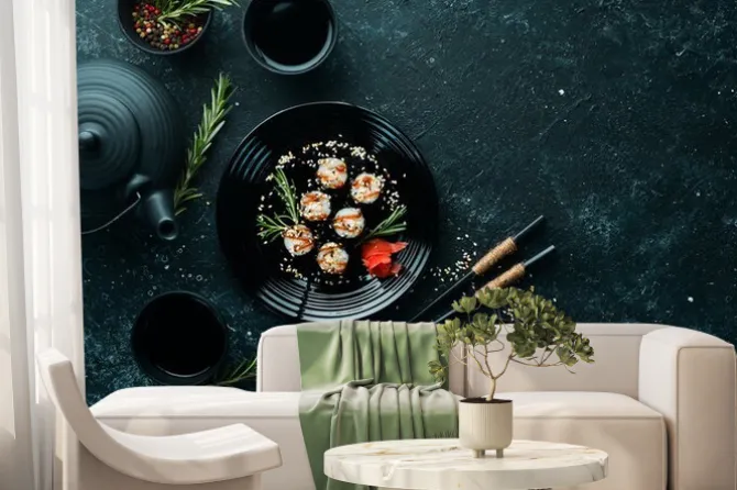 Fototapeta: Sushi maki with eel, rice and unagi sauce. japanese food set.