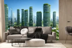 Fototapeta: Sustainable green city with futuristic office building and architecture