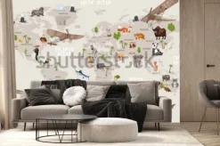 Fototapeta: Szara mapa świata ze zwierzętami dla dzieci