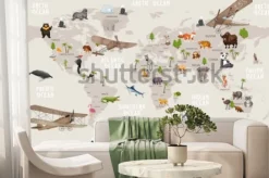 Fototapeta: Szara mapa świata ze zwierzętami dla dzieci