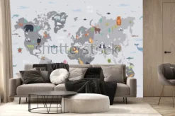 Fototapeta: Szara mapa świata z ilustracjami zwierząt