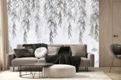 Fototapeta: Szare liście wierzby na jasnym tle akwareli