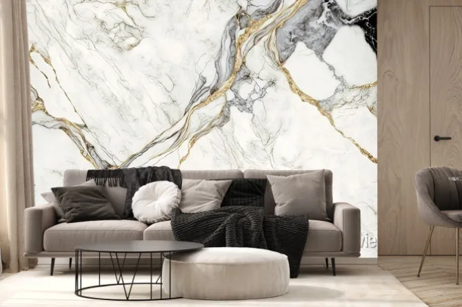 Fototapeta: Szaro-biały marmur z delikatnymi złotawymi żyłkami