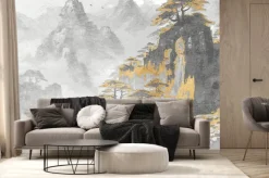 Fototapeta: Szaro-złote góry i drzewa z rzeką