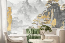 Fototapeta: Szaro-złote góry i drzewa z rzeką