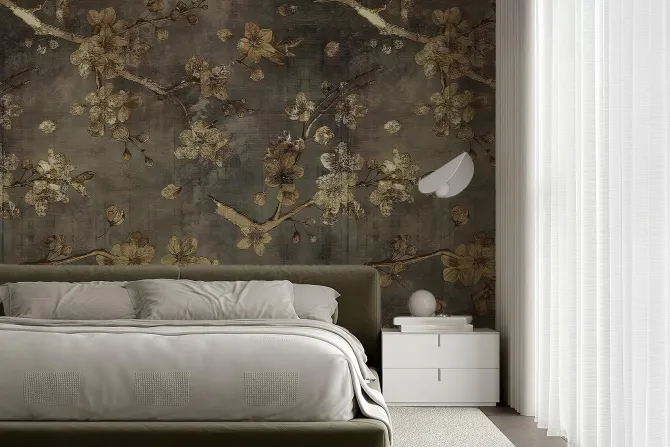 Fototapeta: Szary beton ze złotymi kwiatami