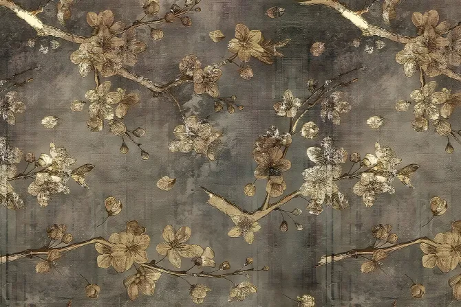 Fototapeta: Szary beton ze złotymi kwiatami