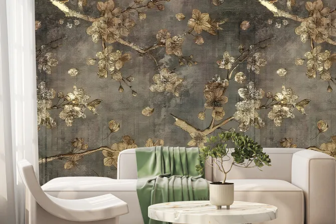 Fototapeta: Szary beton ze złotymi kwiatami