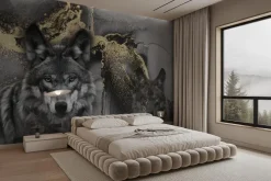 Fototapeta: Szary portret wilków ze złotym zdobieniem