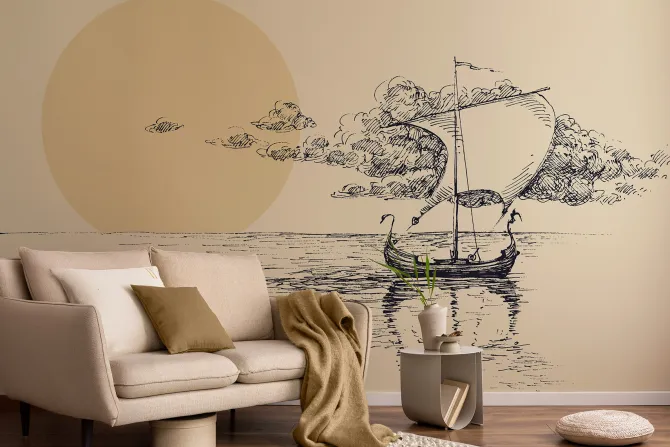 Fototapeta: Szkic żaglowca na morzu przy zachodzie