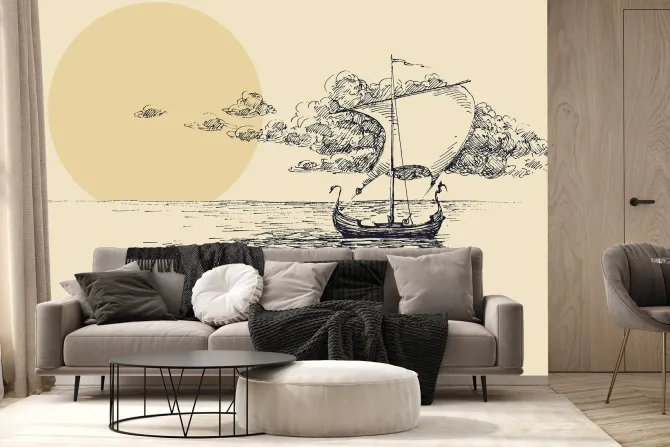 Fototapeta: Szkic żaglowca na morzu przy zachodzie