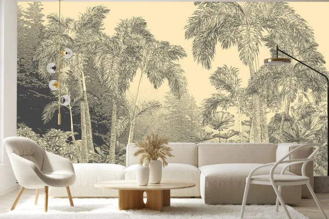 Fototapeta: Szkic bujnej botaniki lasu w sepii