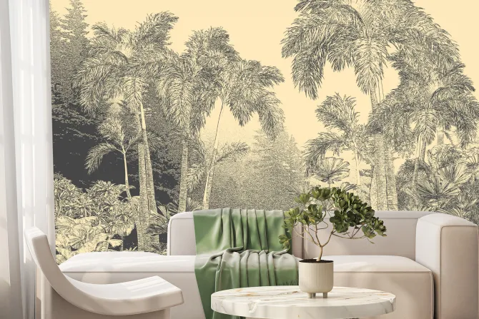 Fototapeta: Szkic bujnej botaniki lasu w sepii