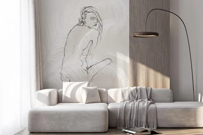 Fototapeta: Szkic kobiety wśród liści palmowych