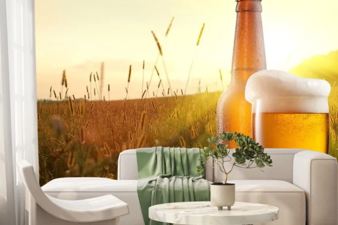 Fototapeta: Szklanka piwa i butelki z pola pszenicy i słońca