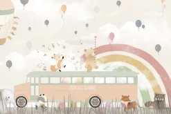 Fototapeta: Szkolny autobus ze zwierzętami na tle tęczy