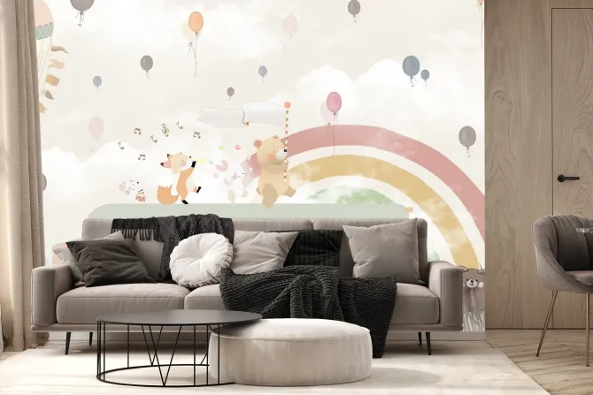 Fototapeta: Szkolny autobus ze zwierzętami na tle tęczy