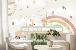 Fototapeta: Szkolny autobus ze zwierzętami na tle tęczy