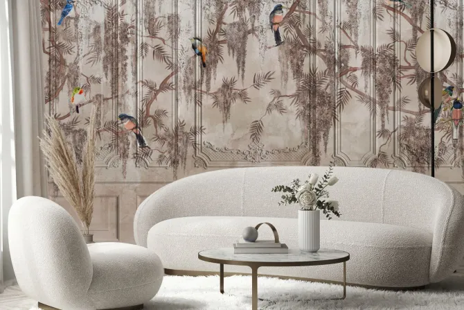 Fototapeta: Sztukateria z leśnymi ptakami i gałęziami