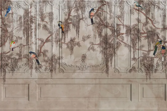 Fototapeta: Sztukateria z leśnymi ptakami i gałęziami