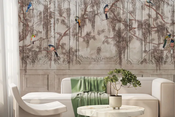 Fototapeta: Sztukateria z leśnymi ptakami i gałęziami