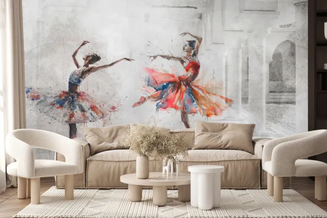 Fototapeta: Tańczące baletnice na betonowym tle z kolumnami