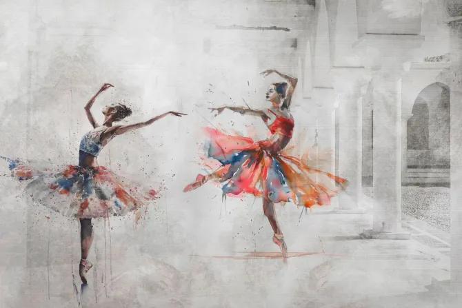 Fototapeta: Tańczące baletnice na betonowym tle z kolumnami