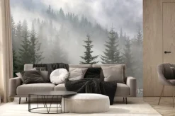 Fototapeta: Tajemniczy las sosnowy we mgle