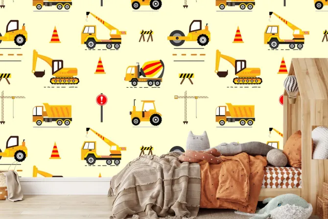 Fototapeta: Żółte autka koparka dźwig dziecięcy wzór
