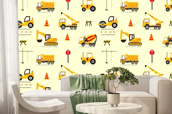 Fototapeta: Żółte autka koparka dźwig dziecięcy wzór