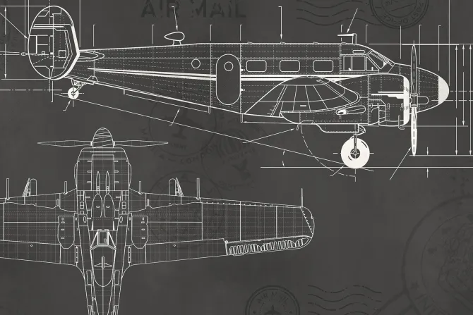Fototapeta: Techniczny rysunek samolotu na szarym tle