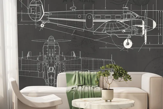 Fototapeta: Techniczny rysunek samolotu na szarym tle