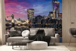 Fototapeta: The lit urban skyline with city of london and tower bridge just