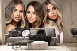 Fototapeta: Three beautiful girls in white wedding dresses with hair coloring