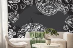 Fototapeta: Tło z okrągłą pizzą, kawałki pizzy, nóż, parmezan. zestaw kuchni