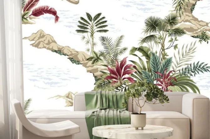 Fototapeta: Tropical vintage botanical island, seamless pattern white background.