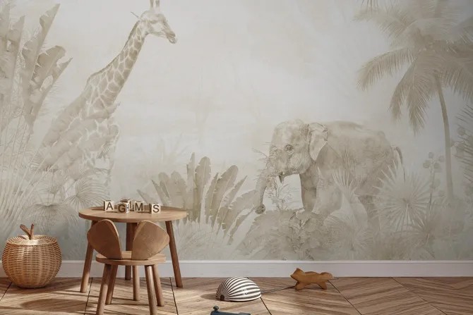 Fototapeta: Tropikalna dżungla ze zwierzętami w beżach
