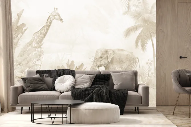 Fototapeta: Tropikalna dżungla ze zwierzętami w beżach