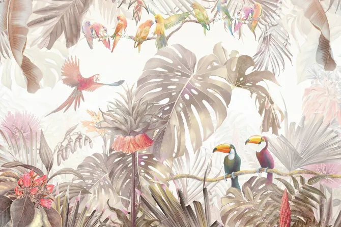 Fototapeta: Tropikalna dżungla z kolorowymi ptakami i bujną roślinnością