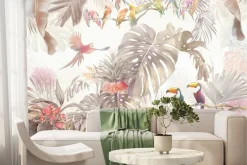 Fototapeta: Tropikalna dżungla z kolorowymi ptakami i bujną roślinnością