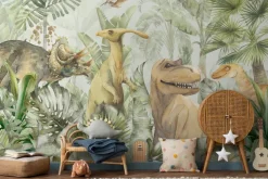 Fototapeta: Tropikalna dżungla z dinozaurami w akwareli