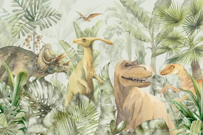 Fototapeta: Tropikalna dżungla z dinozaurami w akwareli